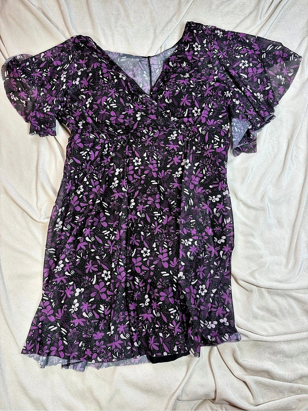 BLOOMCHIC Floral Print Flowy Sleeve Swim Dress Black & Purple Size 14-16
